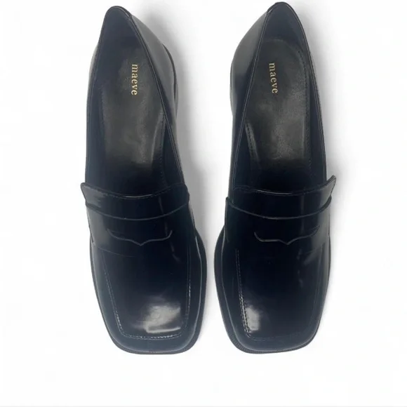 Maeve Anthropologie Square Toe Leather Penny Loafer Heels Black - Sz. 5-5.5 - Picture 7 of 8